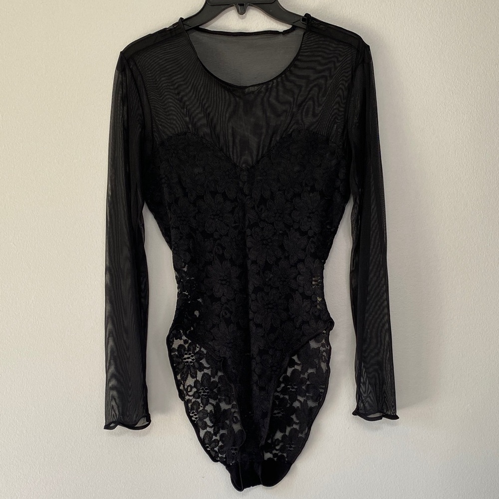 Vintage Delicates Elegant Black Lace Bodysuit Size M